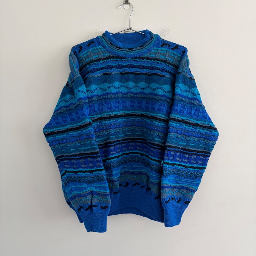 Coogi Australia Mens Blue Multi Color 3D Textured Knit Wool Sweater XL